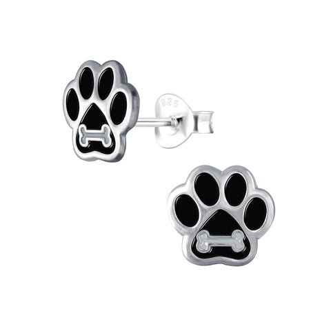 Sterling Silver Paw Print Dog Bone Stud Earrings Pink