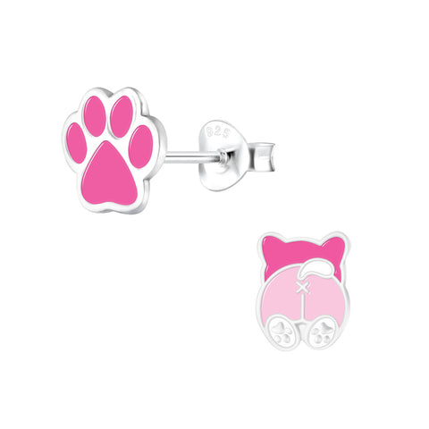 Sterling Silver Pink Paw Print Dog Lover Stud Earrings