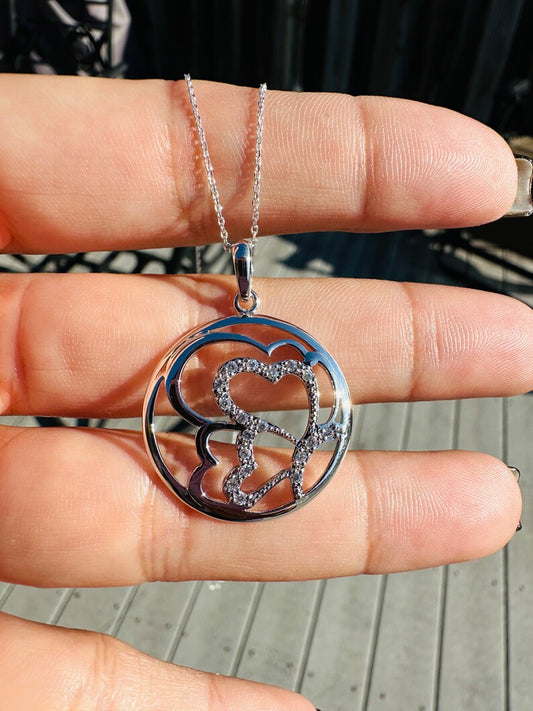 Sterling Silver CZ Hearts Circle Necklace