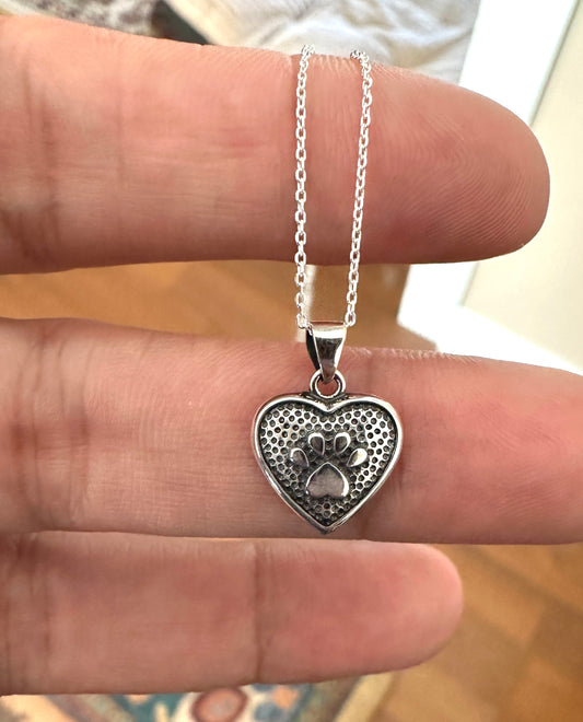 Sterling Silver Solid Paw Print Heart Necklace