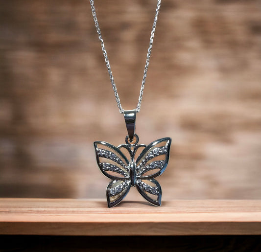 Sterling Silver CZ Stone Butterfly Pendant Necklace