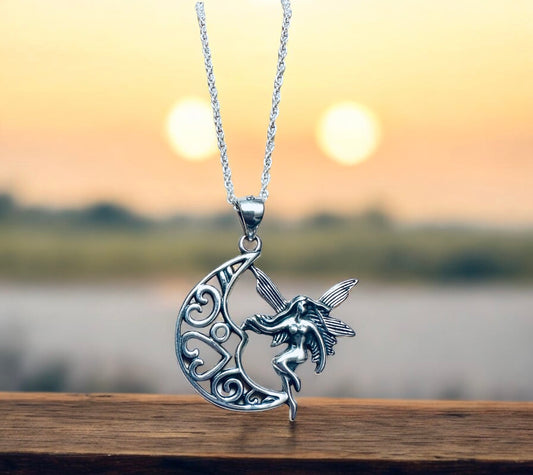 Sterling Silver Crescent Moon & Fairy Pendant Necklace