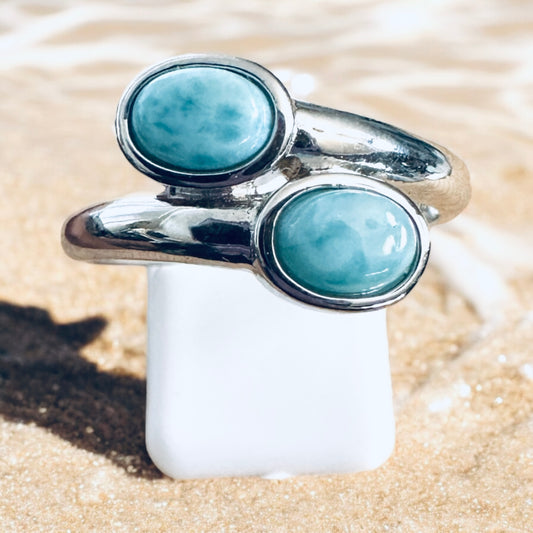 Sterling Silver Genuine Larimar Double Stone Ring