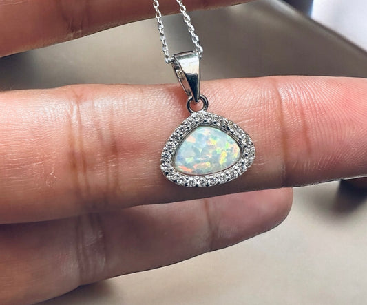 Sterling Silver Small Opal & CZ Halo Pendant Necklace