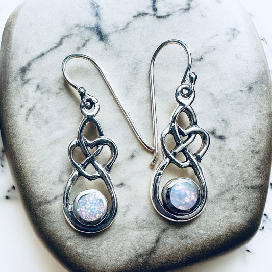 Sterling Silver Lab Opal Celtic Knot Drop Earrings