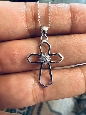 Sterling Silver CZ Cluster Cross Pendant Necklace