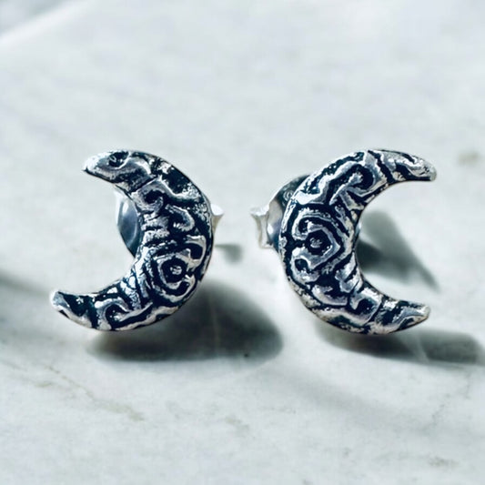 Sterling Silver Bali Style Crescent Moon Stud Earrings