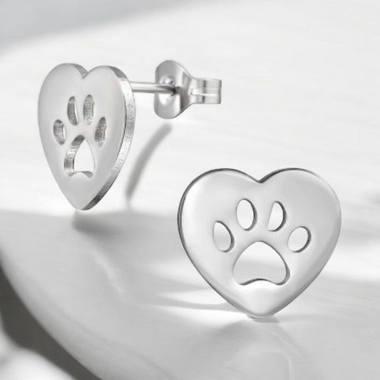 Stainless Steel Paw Print Heart Stud Earrings