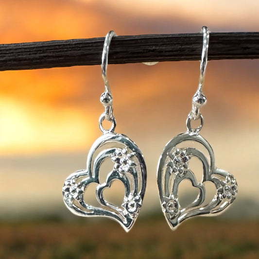 Sterling Silver Hearts & Flowers Dangle Earrings