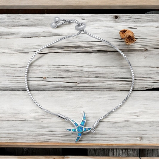 Sterling Silver Lab Opal Starfish Bolo Style Bracelet