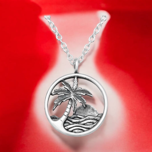 Sterling Silver Palm Tree Ocean Necklace