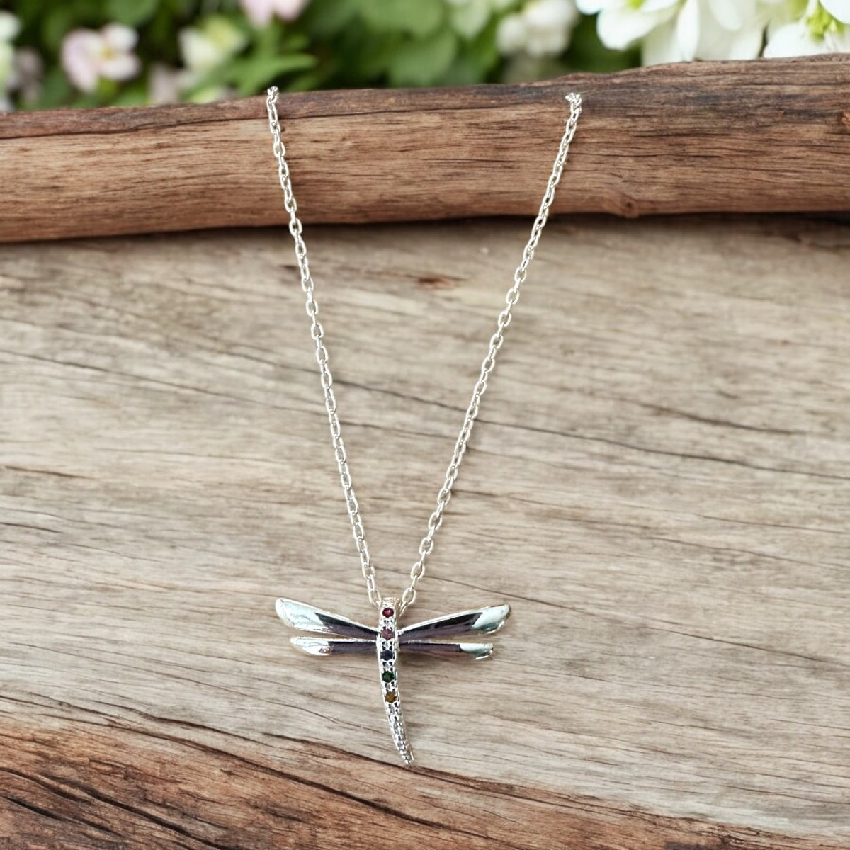 Sterling Silver Mini Solid Colored Stone Dragonfly Pendant Necklace