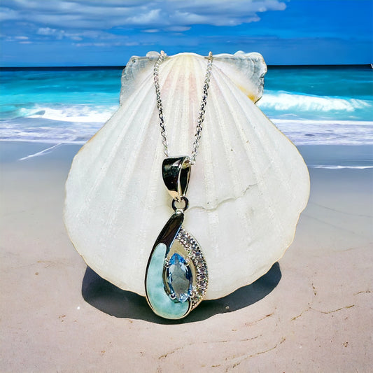 Sterling Silver Genuine Larimar Stone & Tanzanite Pendant Necklace