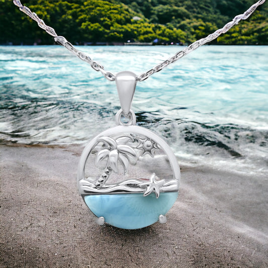 Sterling SIlver Larimar Beach Scene Necklace