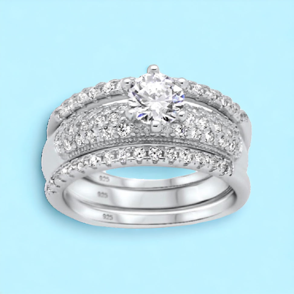 Sterling Silver 1.50ct Round CZ 3 PC Wedding Ring Set