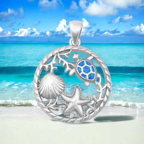 Sterling Silver Fire Opal Sea Turtle Ocean Pendant