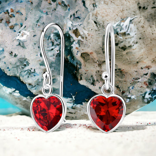 Sterling Silver Garnet CZ Heart Dangle Earrings