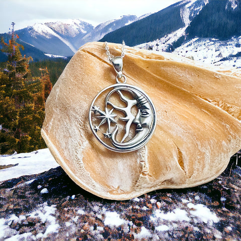 Sterling Silver Moon & Stars Pendant Necklace