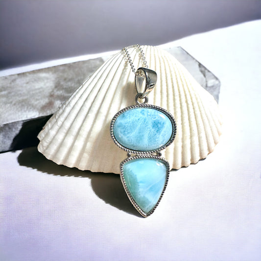 Sterling Silver Genuine Larimar Double Stone Pendant