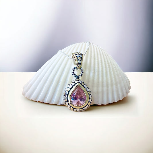 Sterling Silver Pink Topaz Two Tone Teardrop Pendant Necklace