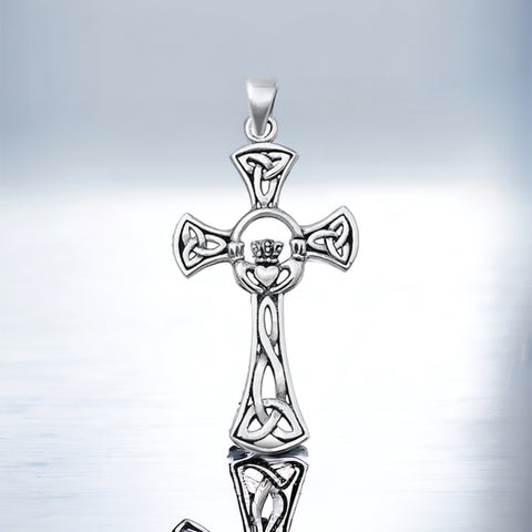 Sterling Silver Large Celtic Claddagh Cross Pendant