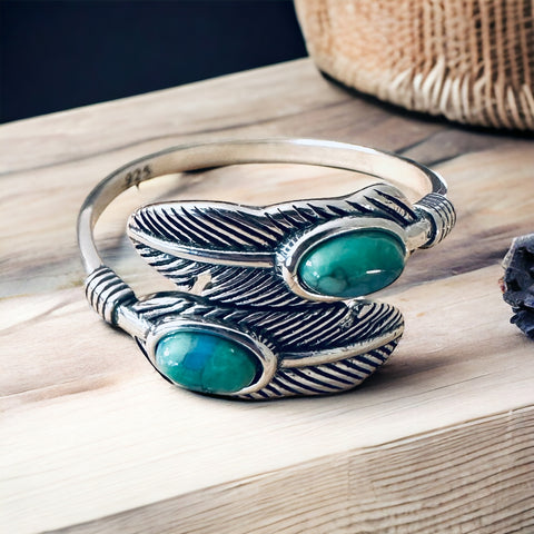 Sterling Silver Genuine Turquoise Stone Adjustable Feather Ring