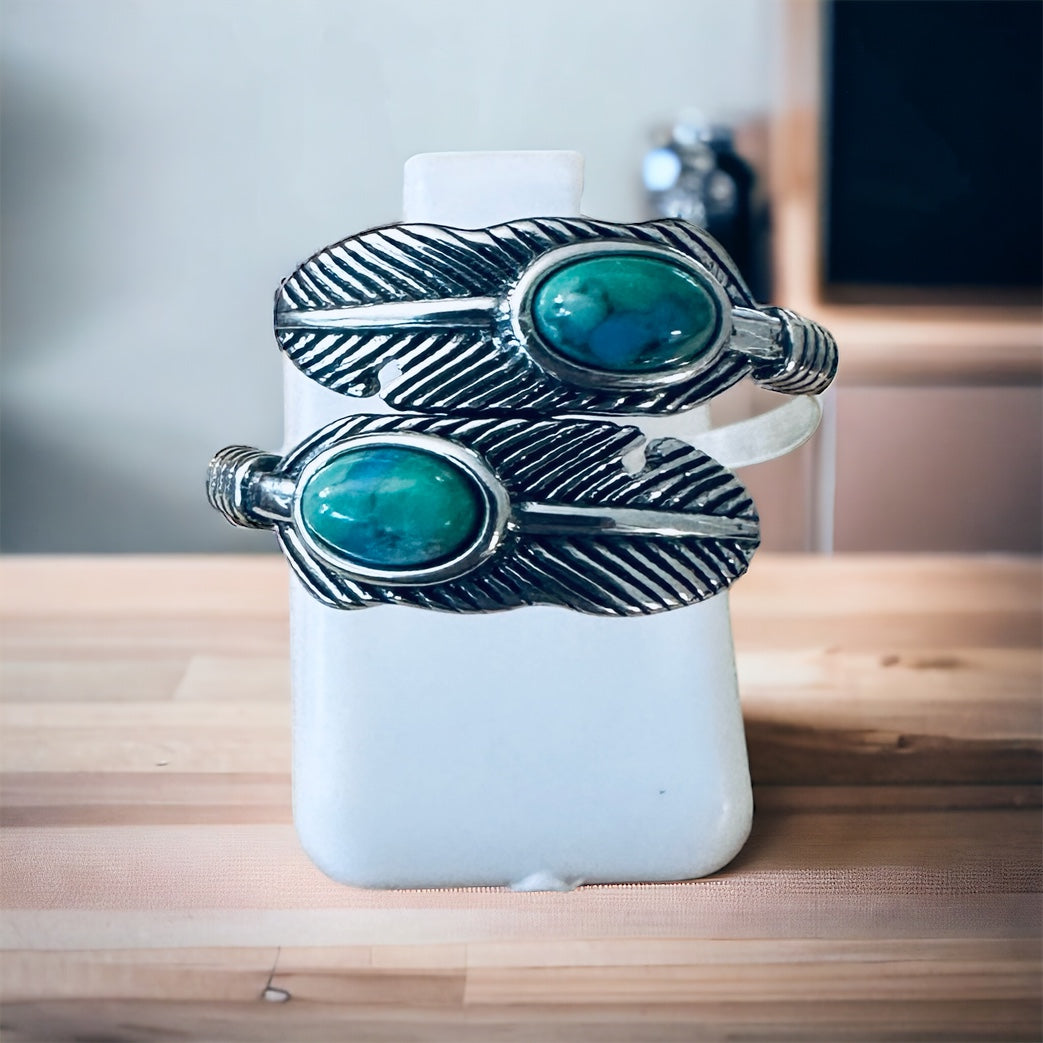 Sterling Silver Genuine Turquoise Stone Adjustable Feather Ring