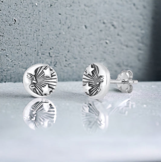 Sterling Silver Solid Moon & Stars Stud Earrings