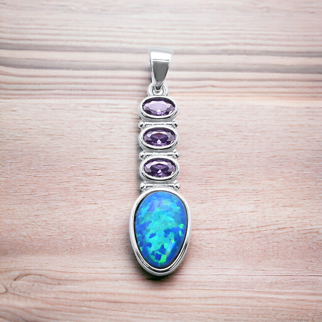 Sterling Silver Fire Opal & Amethyst Stone Pendant