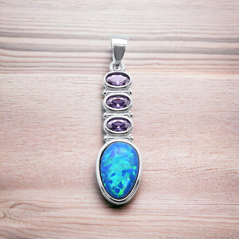 Sterling Silver Fire Opal & Amethyst Stone Pendant