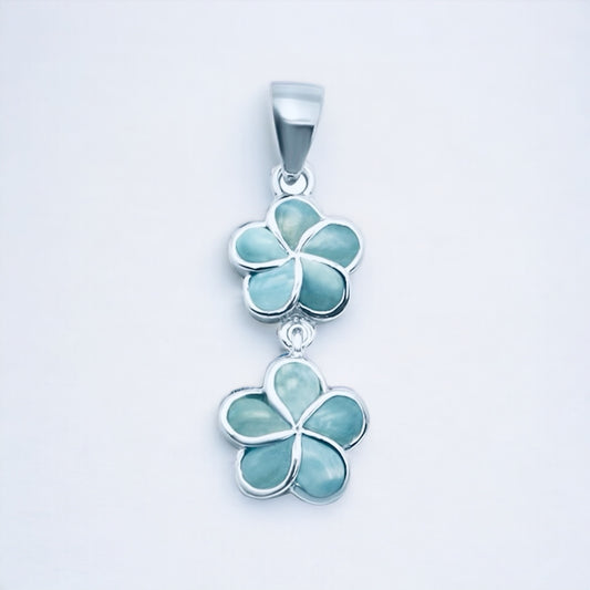 Sterling Silver Genuine Larimar Stone Plumeria Flower Pendant