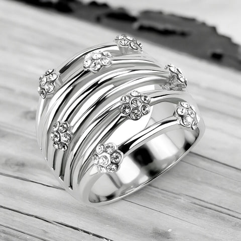 Stainless Steel Wide Crystal Flower Ring