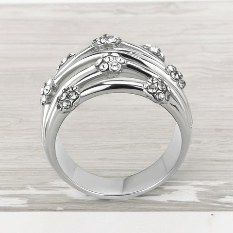 Stainless Steel Wide Crystal Flower Ring