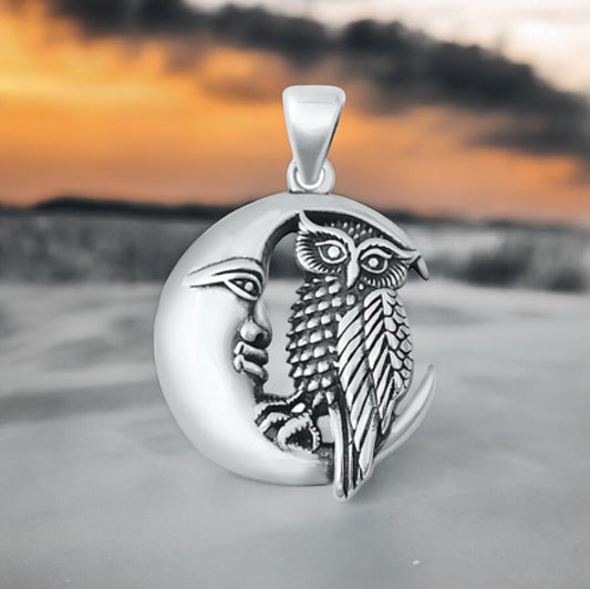 Sterling Silver Crescent Moon & Owl Pendant