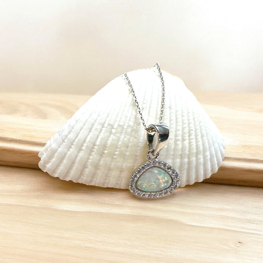 Sterling Silver Small Opal & CZ Halo Pendant Necklace