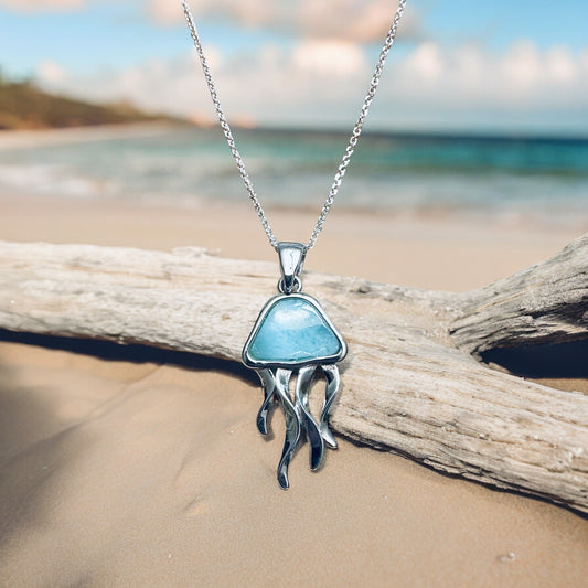 Sterling Silver Larimar Stone Jellyfish Pendant Necklace