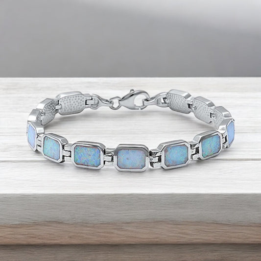 Sterling Silver White Lab Opal Solid Link Bracelet