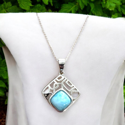 Sterling Silver Genuine Larimar Stone Pendant Necklace