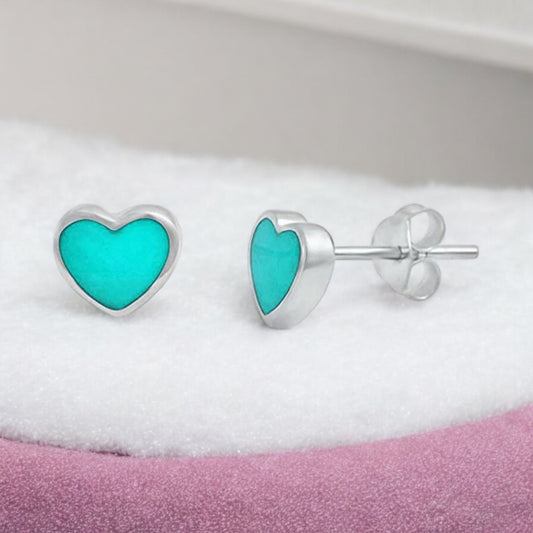 Sterling Silver Turquoise Stone Solid Heart Stud Earrings