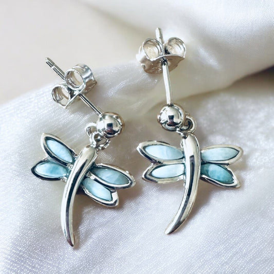 Sterling Silver Larimar Stone Dragonfly Earrings