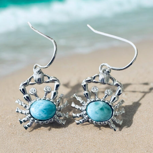 Sterling Silver Genuine Larimar Stone Crab Earrings