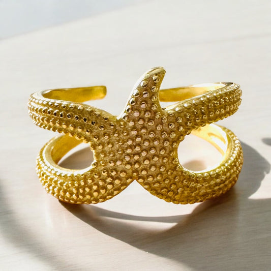 Sterling Silver 14K Yellow GP Starfish Cuff Ring