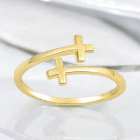 Sterling Silver 14K GP Adjustable Double Cross Ring