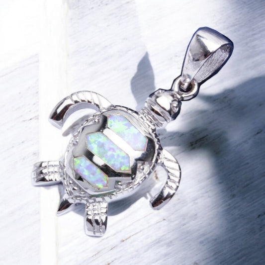 Sterling Silver White Opal Solid Turtle Pendant