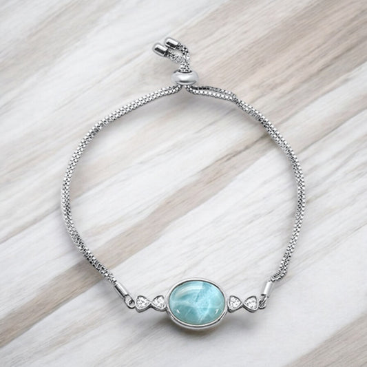 Sterling Silver Genuine Larimar Stone Bolo Style Bracelet