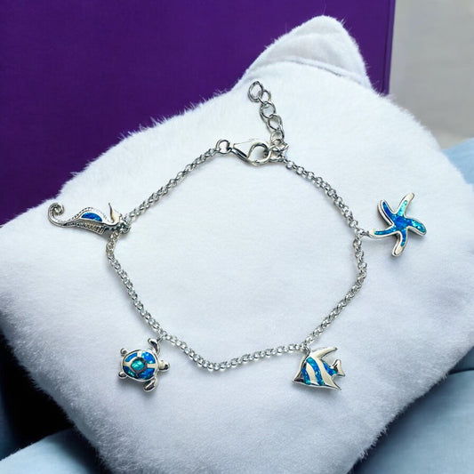 Sterling Silver Blue Opal Sea Life Charm Bracelet