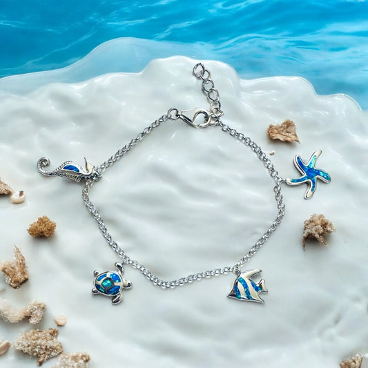 Sterling Silver Blue Opal Sea Life Charm Bracelet