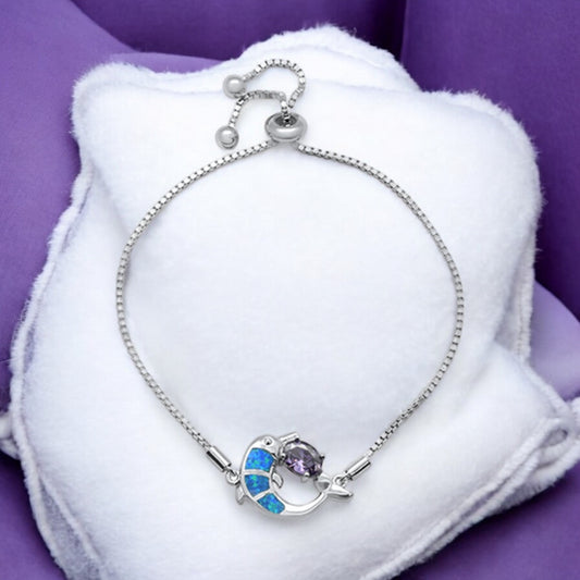 Sterling Silver Blue Opal Dolphin & Amethyst Stone Bolo Style Bracelet