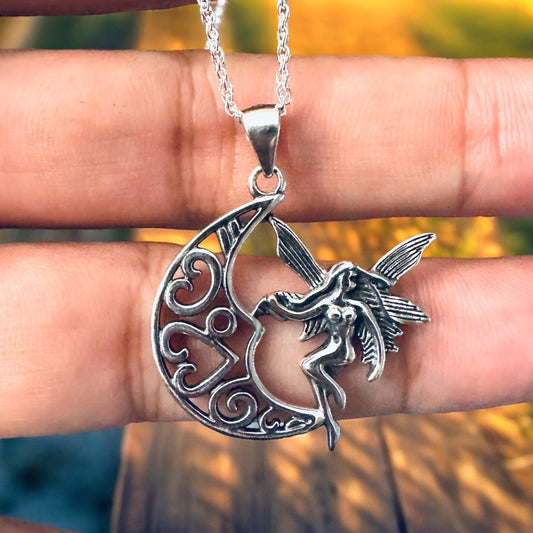 Sterling Silver Crescent Moon & Fairy Pendant Necklace