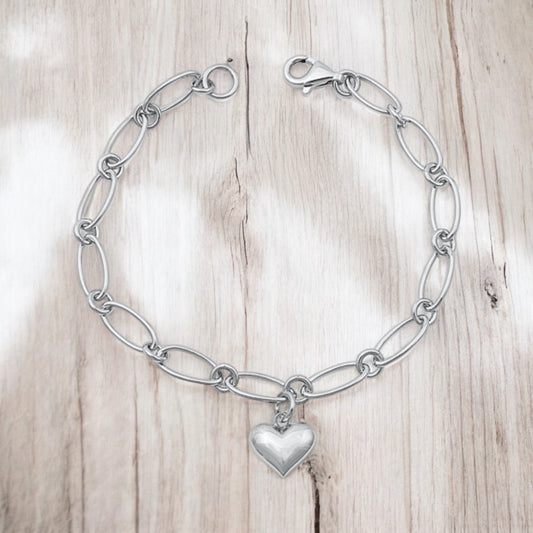 Sterling Silver Puffed Heart Link Bracelet